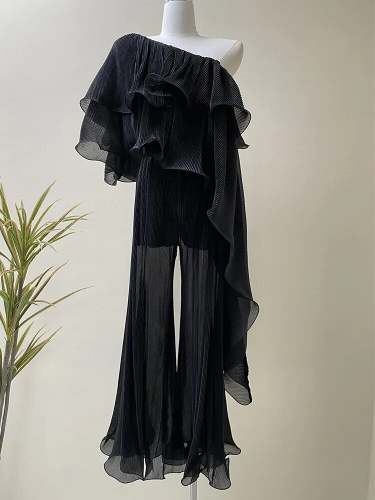 Ruffled Skew Collar Off Shoulder Shirt + High Waist Loose Pants 2-Piece Set