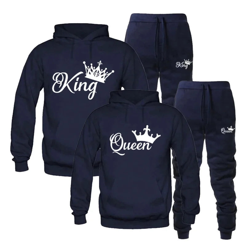 Unisex "King or Queen" Crown Print Couples Matching Hoodie Sweatshirt + Pants Tracksuit