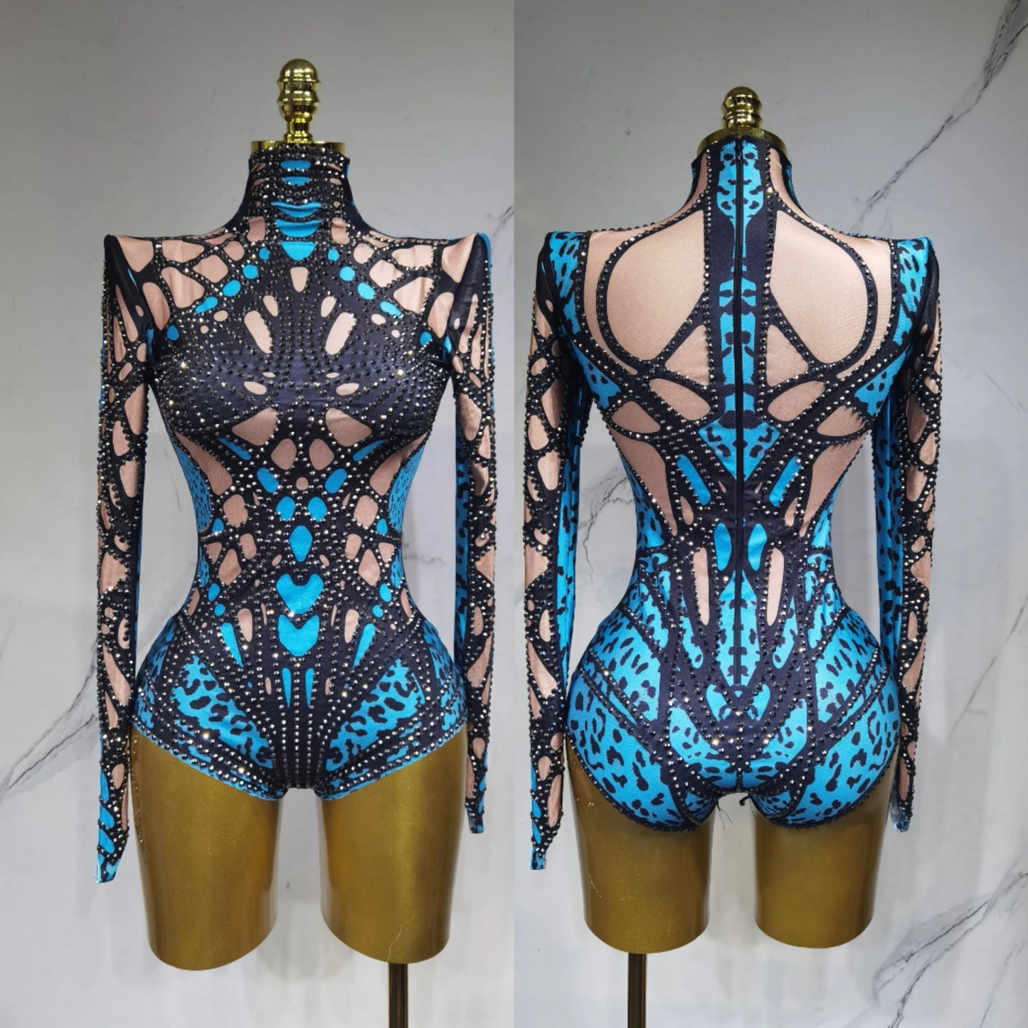 Sparkling Rhinestone Hollow-Out Long Sleeve Stage Formal Stage Performance Skin Tight Bodysuit