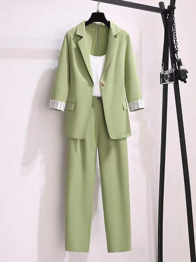 Tweed Blazer Jacket, Blouse + Pants 3-Piece Suit