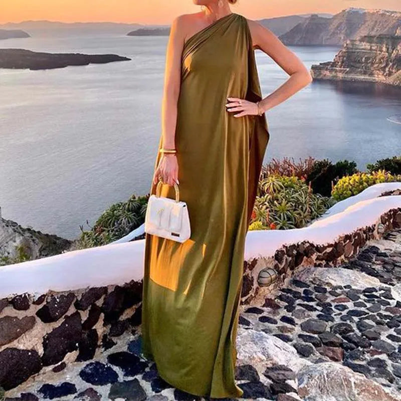 Satin Solid Color Asymmetrical Slant Neck Sleeveless Draped Shawl Loose Formal Party Maxi Dress