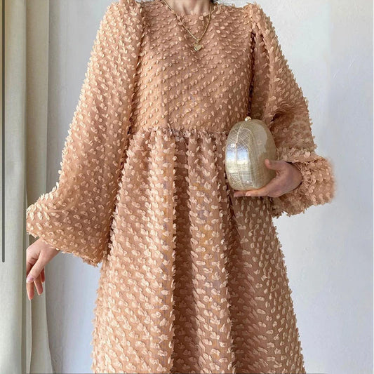 Solid Round Neck Lantern Long Sleeve Big Swing  A-Line Dress