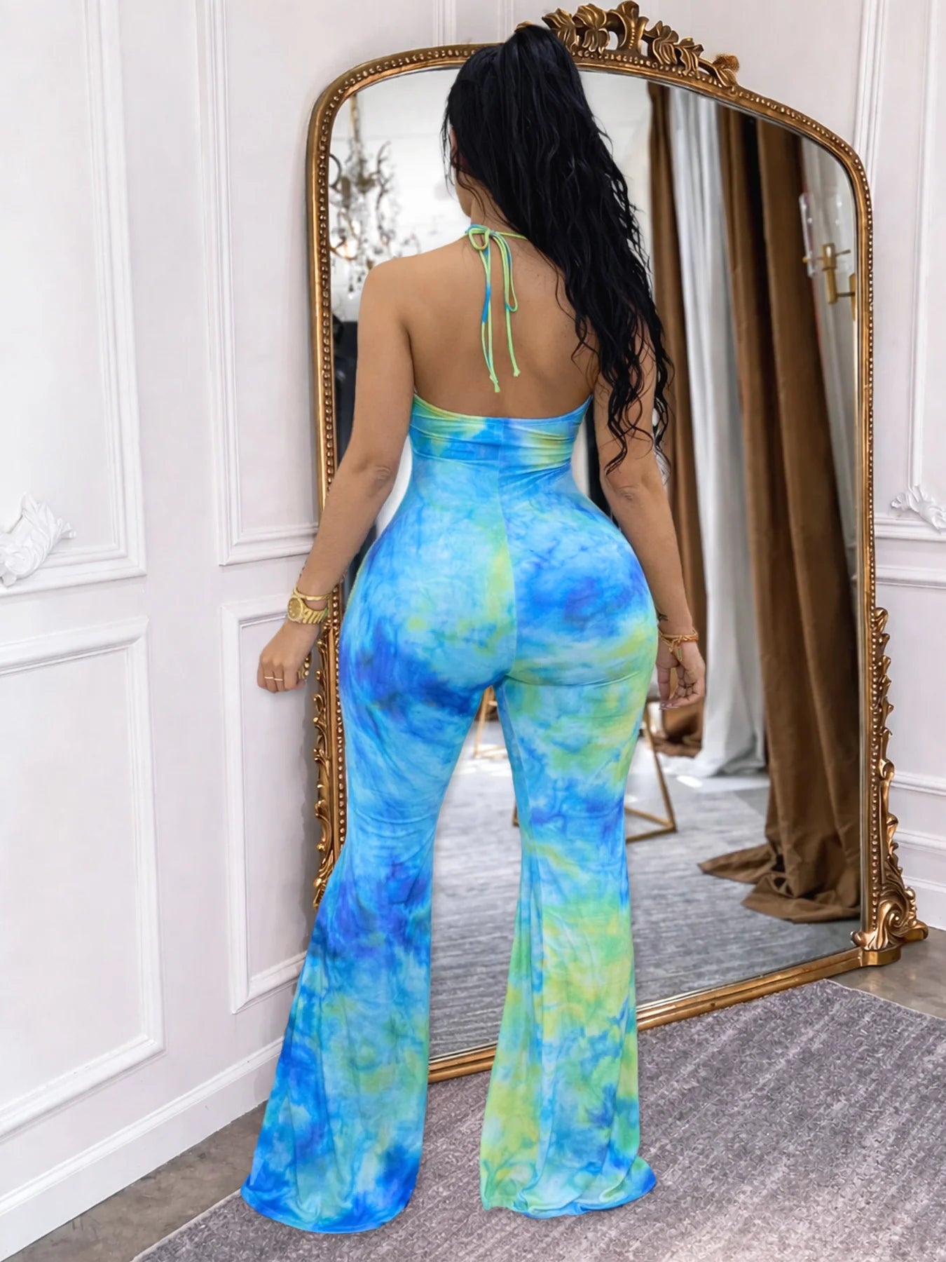 Tie-Dye Colorblock Print Sleeveless Hollow-Out Cami Top Lace-Up Women's Flared Leg Jumpsuit