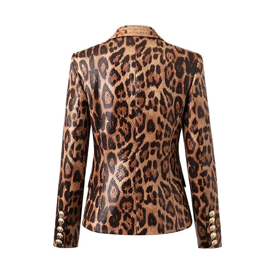 PU Leather Leopard Print Gold Button Design Pocketed Blazer Suit Jacket