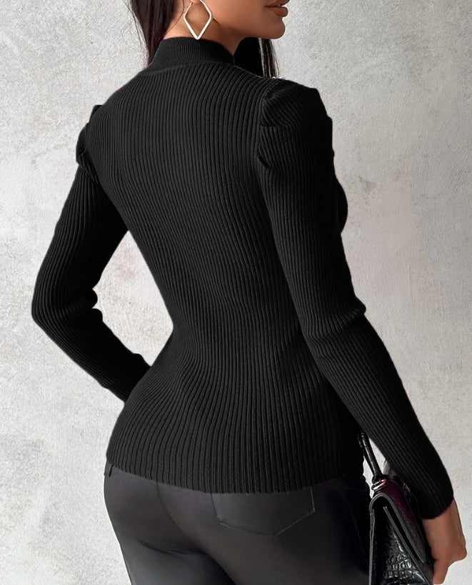 Rhinestone Cut-Out Heart Knitted Long Sleeve Pullover Skinny Women's Sweater