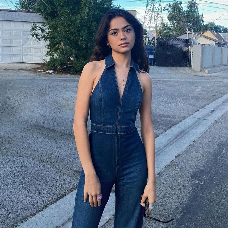 Denim V-Neck Sleeveless Zipper Front Turn-Down Collar Flared Leg Jean Jumpsuit