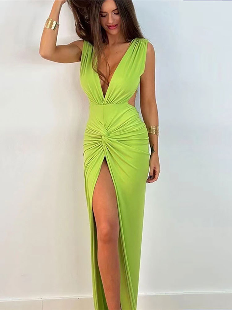 Ruched Backless V-Neck Hight Slit Bodycon Maxi Dress