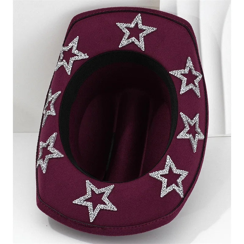 Wide Brim Rhinestone Star Western Fedora Cowgirl Hat