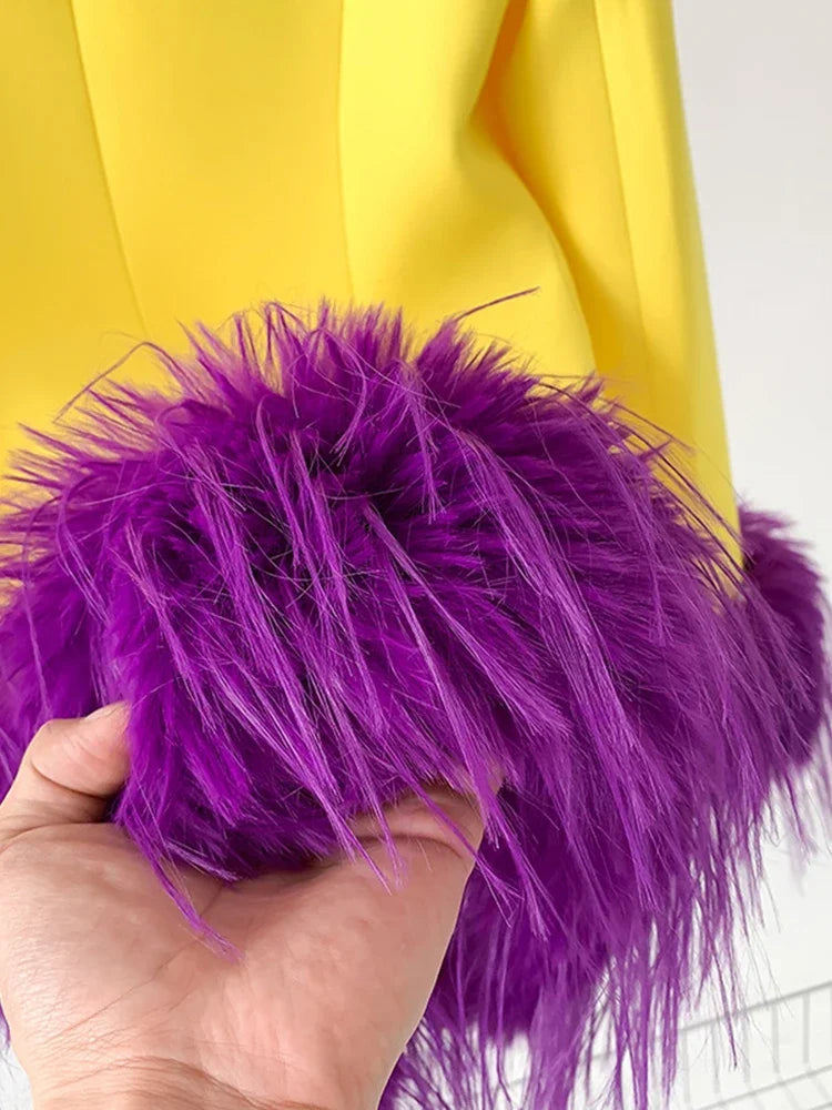 Yellow/Purple Designer Women's Single Button Feather Embellished Notched Collar Pocketed Blazer Jacket