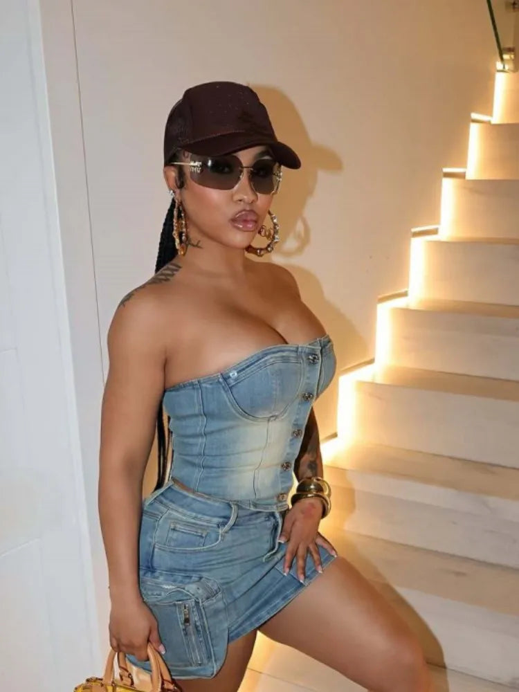 Stretch Denim Sleeveless Tube Crop Top + Irregular Cargo Pocketed Mini Jean Skirt Streetwear Women's 2-Piece Set