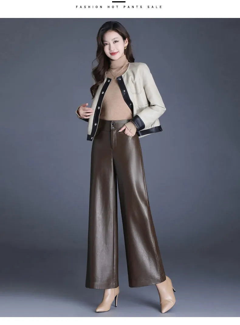 Designer Women's PU Leather Solid Color Wide Leg Pants
