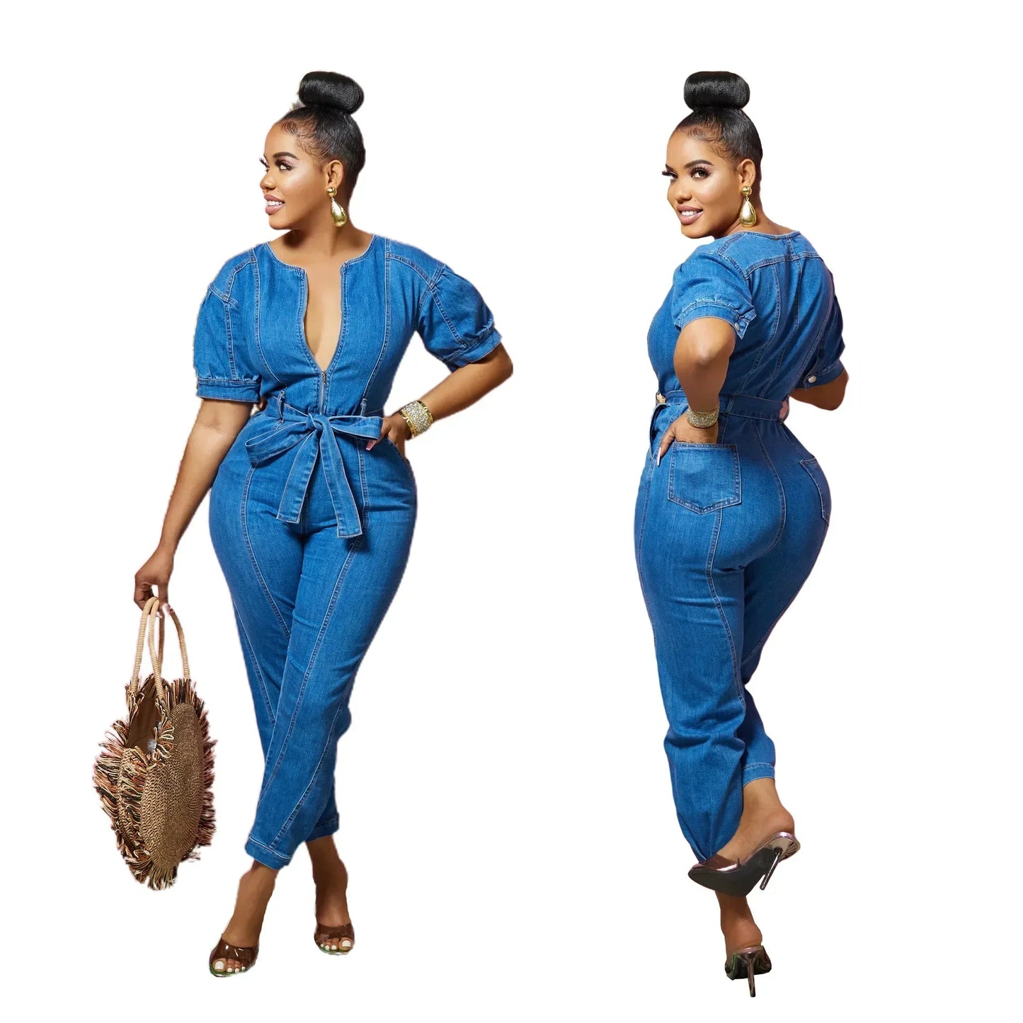 Blue Denim V-Neck Short Sleeve Solid Color Elastic Waist Pocketed Sash Belted Jumpsuit