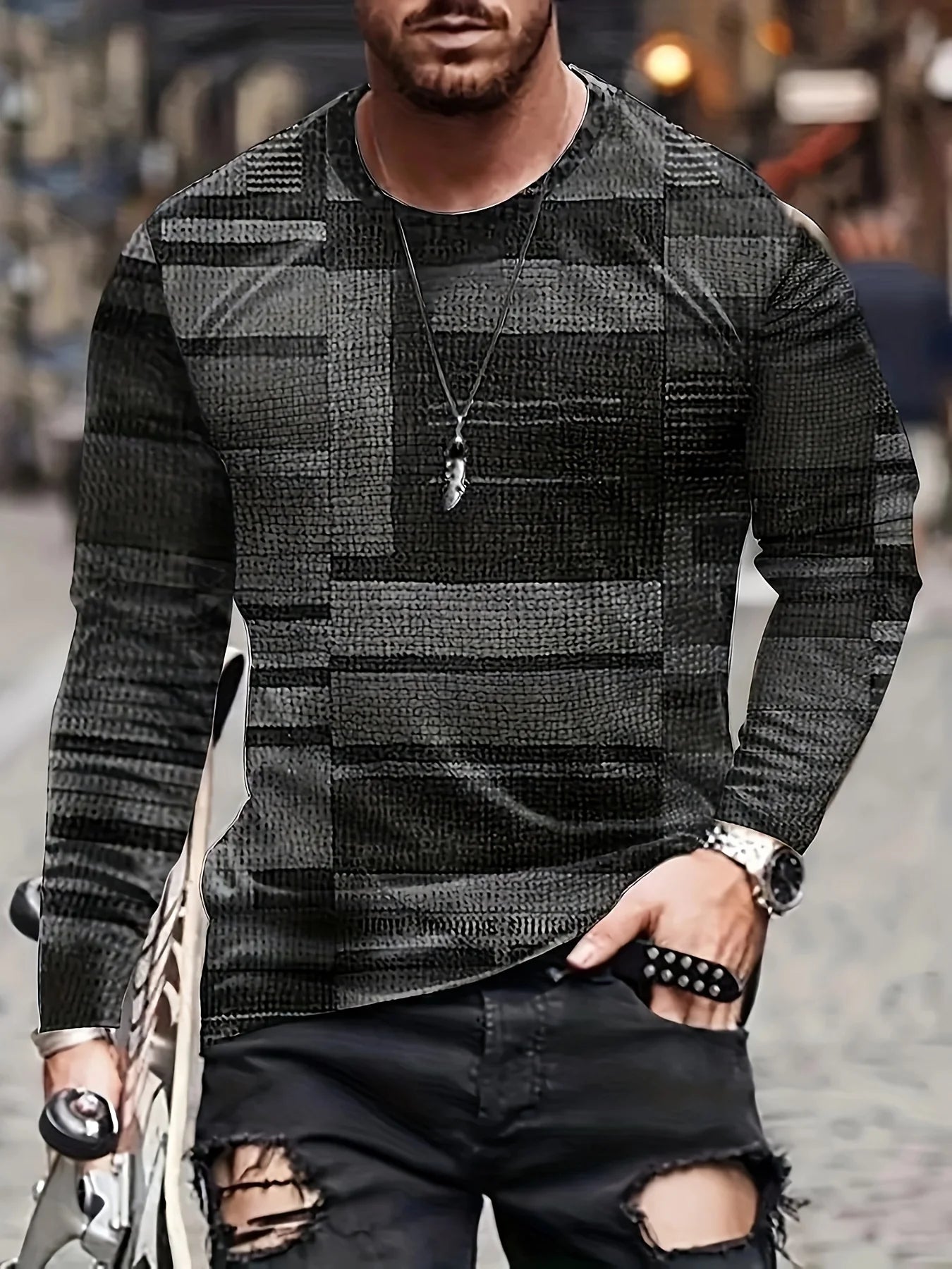 Men's Irregular Colorblock Plaid Pattern O-Neck Long Sleeve Pullover T-Shirts