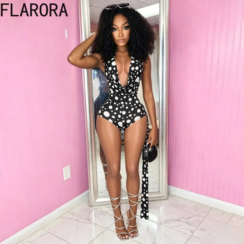 FLARORA Sexy Polka Dot Print 2 Piece Sets Woman Trend Halter V Neck Backless Ruched Tops And Ribbon Shorts Hottie Street Suits
