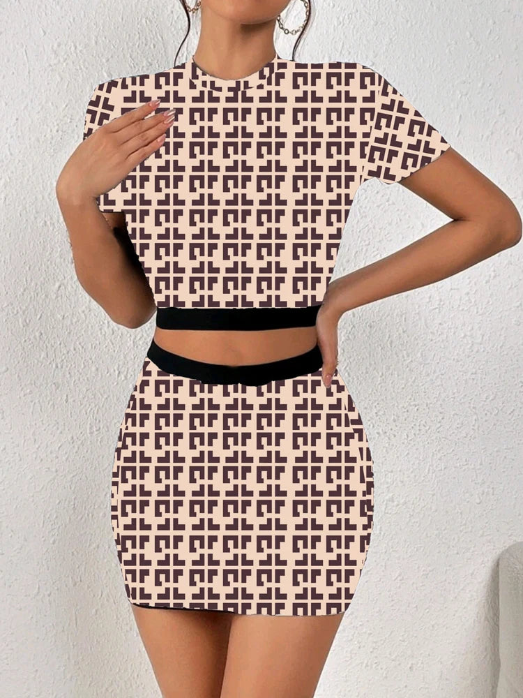 Houndstooth/Plaid Checker/Letter Print Short Sleeve Crop Top + Elastic Waist Mini Skirt 2-Piece Set