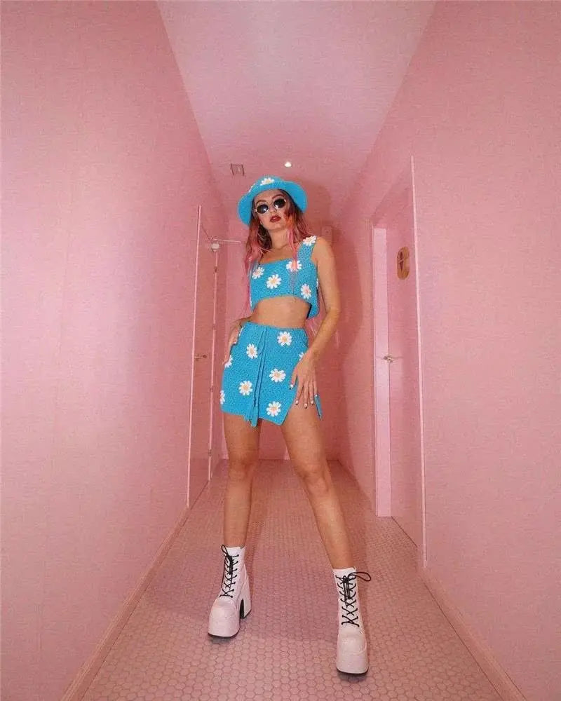 Crochet Big Flower Pattern Knitted Women's Sweater Tank Top + Drawstring Mini Skirt 2-Piece Set