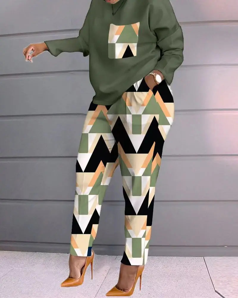 Geometric/Striped/Colorblock/Leopard Long Sleeve Women's Top + Matching Pants 2-Piece Set