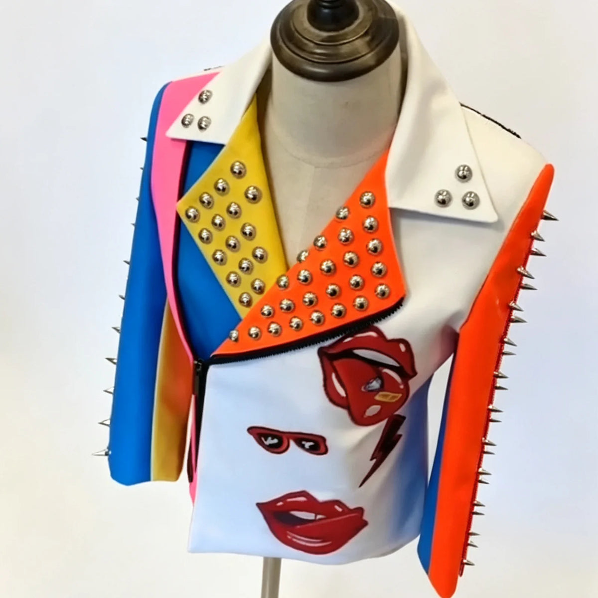 Rivet Stud Spike Colorblock PU Leather Face Print Biker Women's Jacket to 3X Plus Size