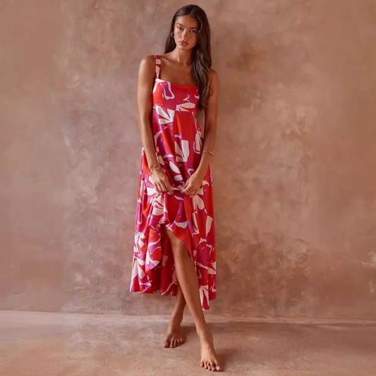 Tropical Floral Print Spaghetti Strap  Skinny Fit Sleeveless Maxi Sundress