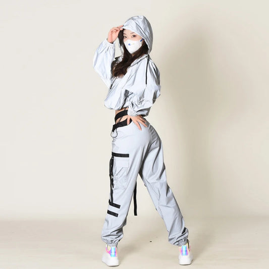 Reflective Hip-Hop Women's Hollow-Out Long Sleeve Patchwork Sweatshirt/Zipper Jacket + Cargo Strap Detail Sweatpants Tracksuit