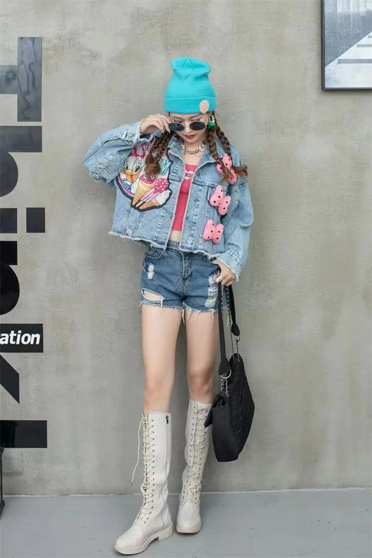 Denim Daffy Duck/Minnie Mouse Cartoon Print Big Pink/Red Bowknot Embroidered Women's Sequin Short Loose Jean Jacket