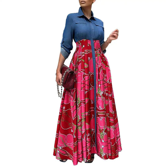 Denim Turn-Down Collar Long Sleeve Jean Shirt Multi-Colored Printed Contrast Maxi Dress to 3X