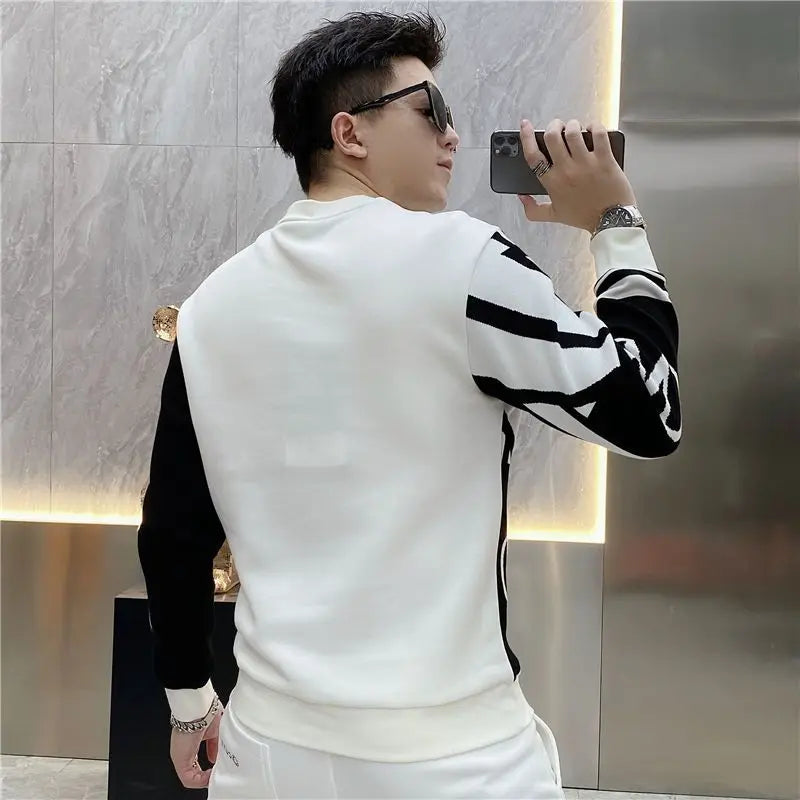 Men's Black/White Geometric Colorblock Contrast Print O-Neck High Street Long Sleeve Sweatshirt