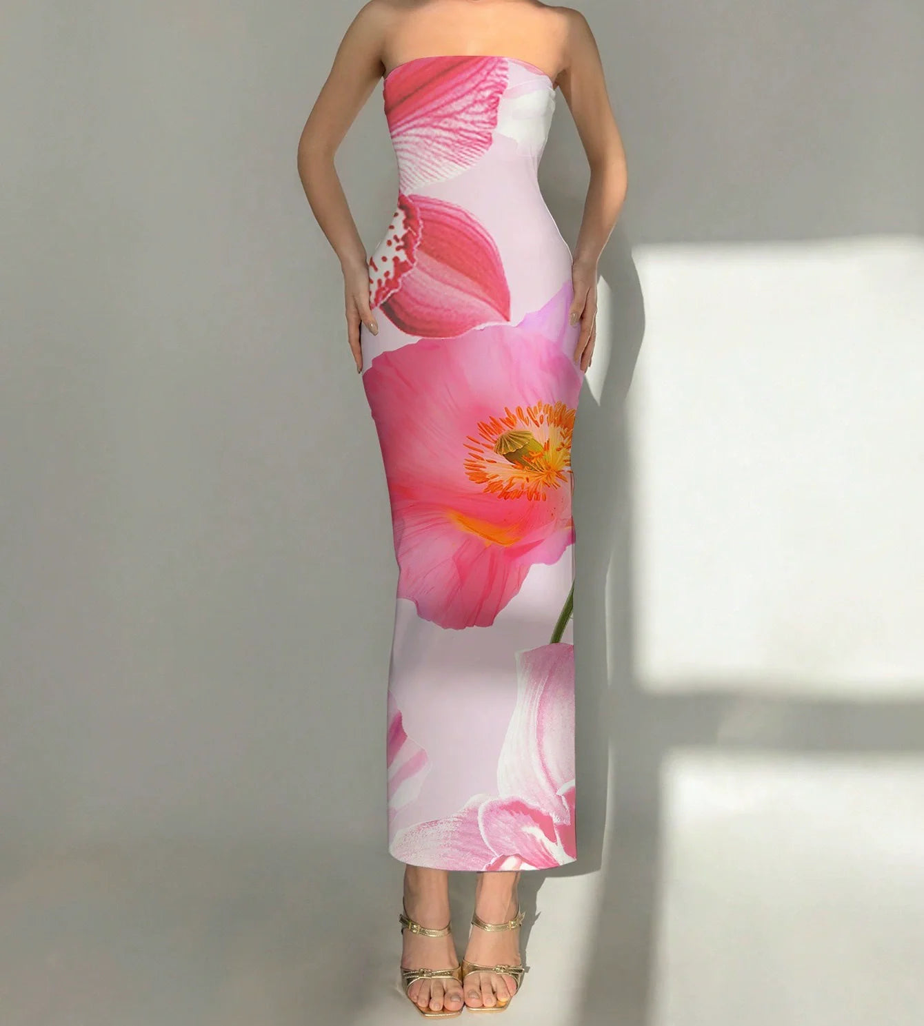 Sleeveless Big Flower Print Bodycon Skinny Maxi Tube Dress
