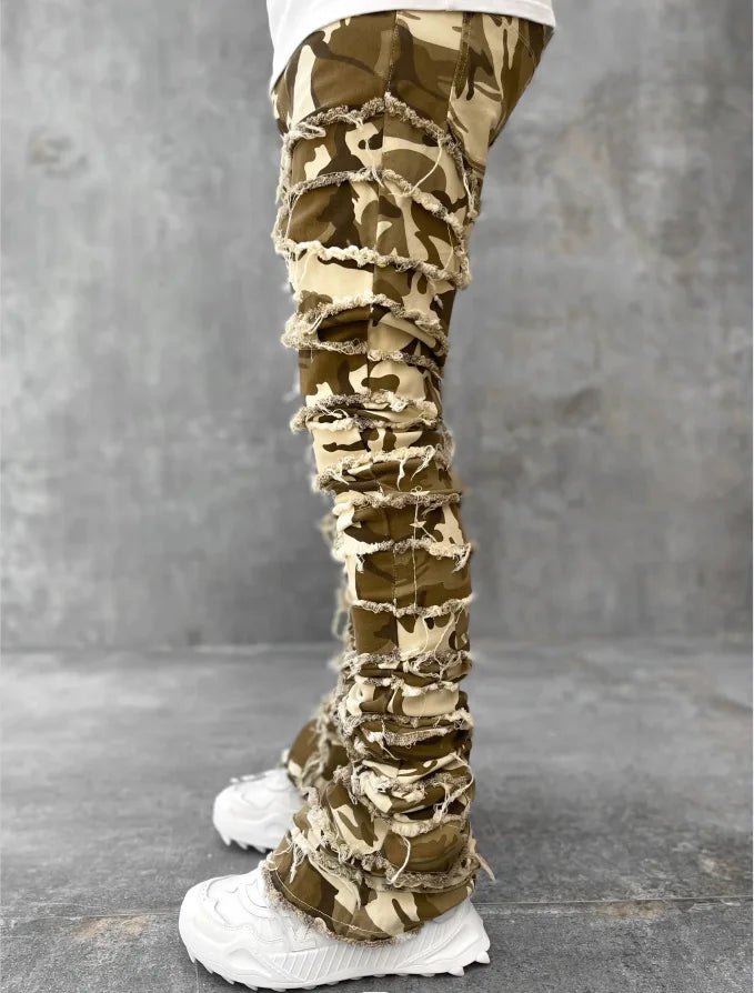 Men's Denim Fringe Ripped Hip-Hop Stretch Stacked Elastic Waist Straight Patchwork Jeans