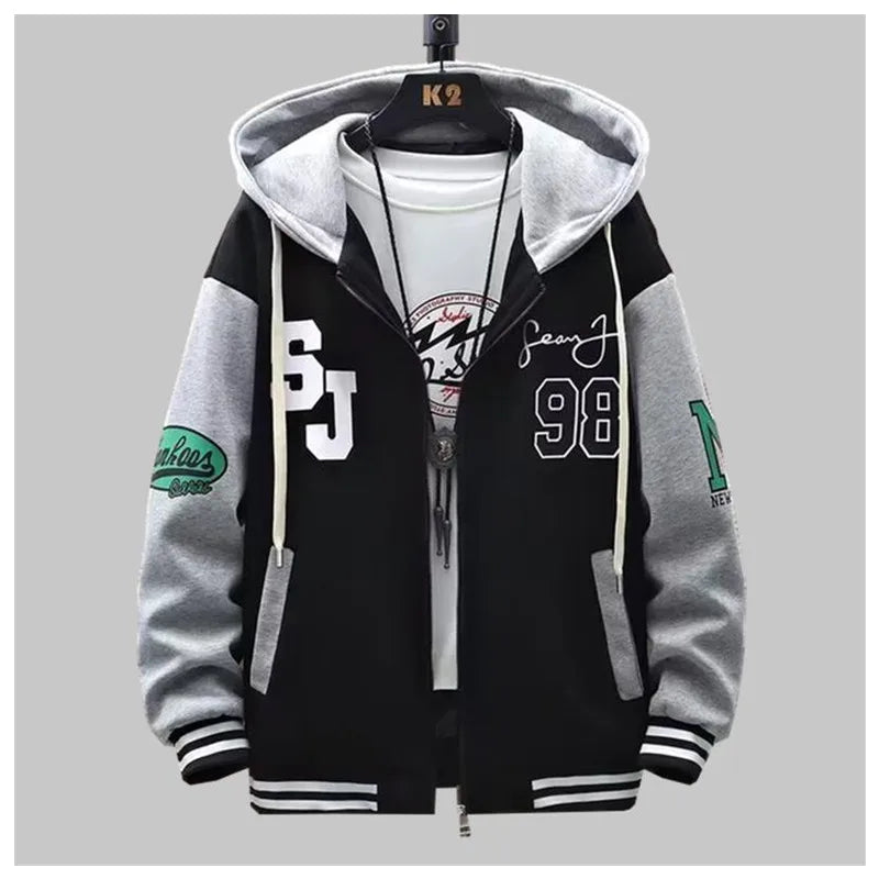 Men's Hip-Hop Hooded Letterman's Slim Fit Baseball Bomber Jacket