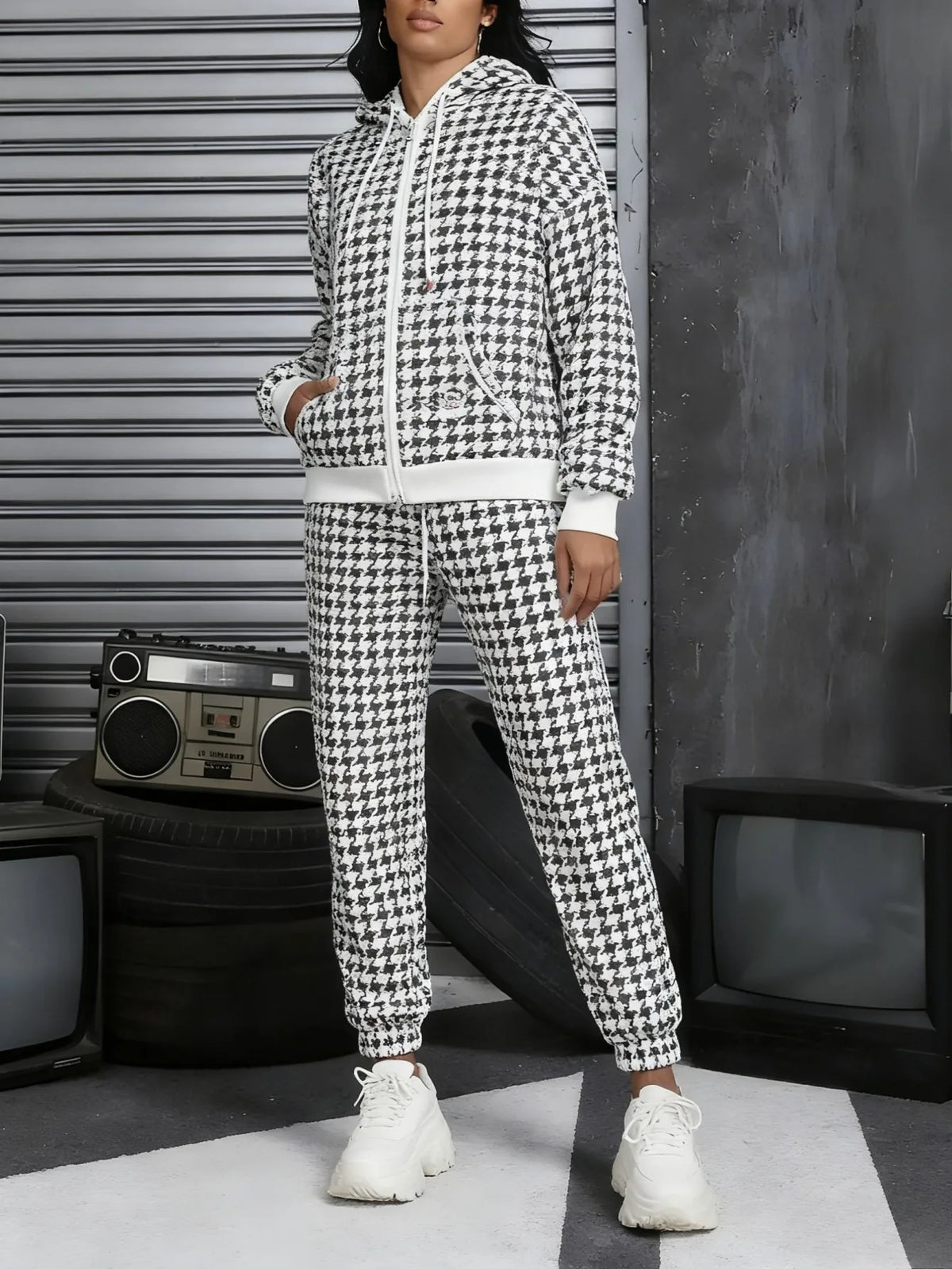 Drawstring Plaid Checker Colorblock/Houndstooth Print Women's Zipper Hoodie Jacket + Sweatpants Tracksuit