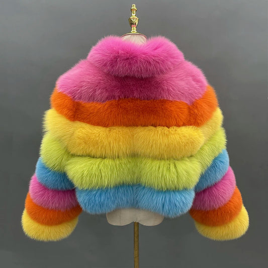 Rainbow Cropped Real Fox Fur Jacket