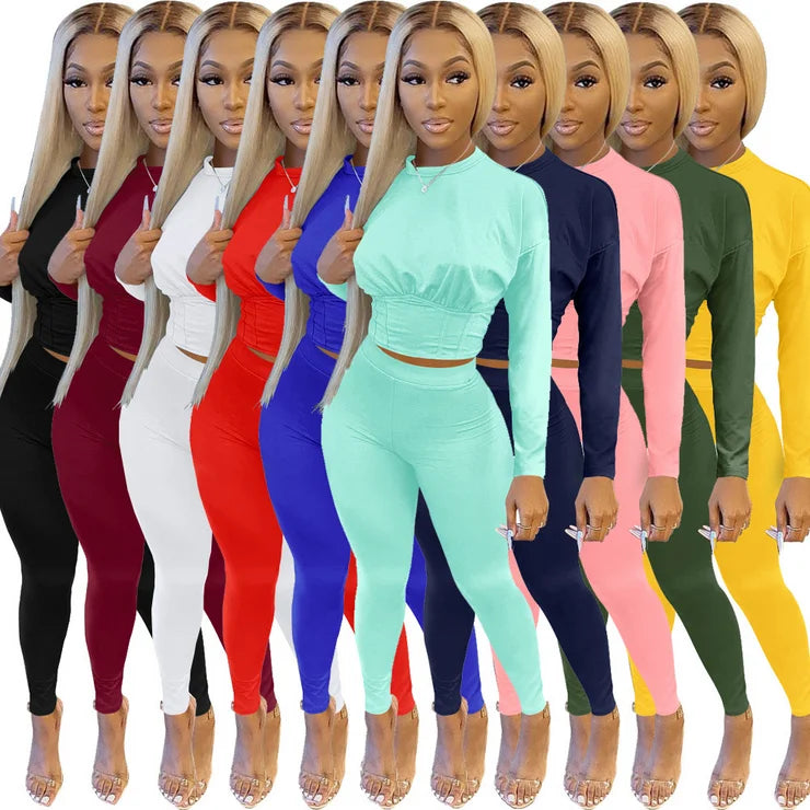 Ruched Fitted O-Neck Solid Color Women's Long Sleeve Crop Top + Leggings Tracksuit