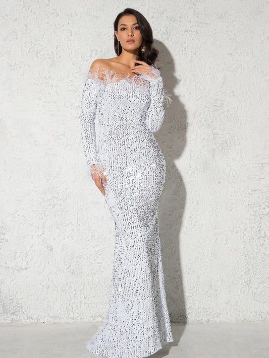 Feather Slash Neck Sequined Velvet Off-the-Shoulder Feather Long Sleeve Floor Length Mermaid Maxi Dress