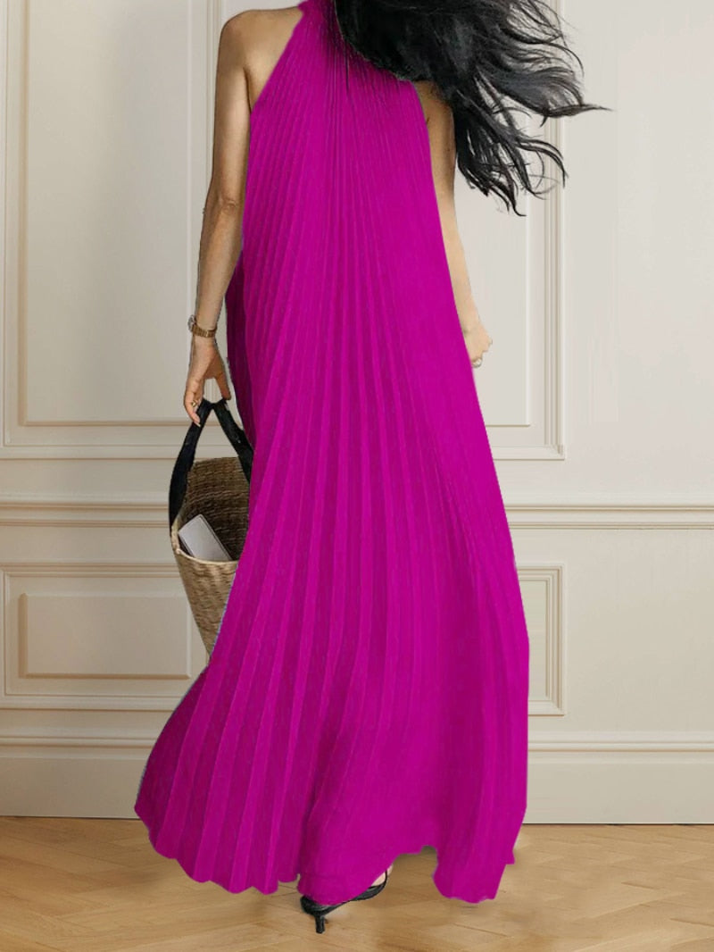 Sleeveless Halter Neck Pleated Party Loose A-Line Maxi Dress