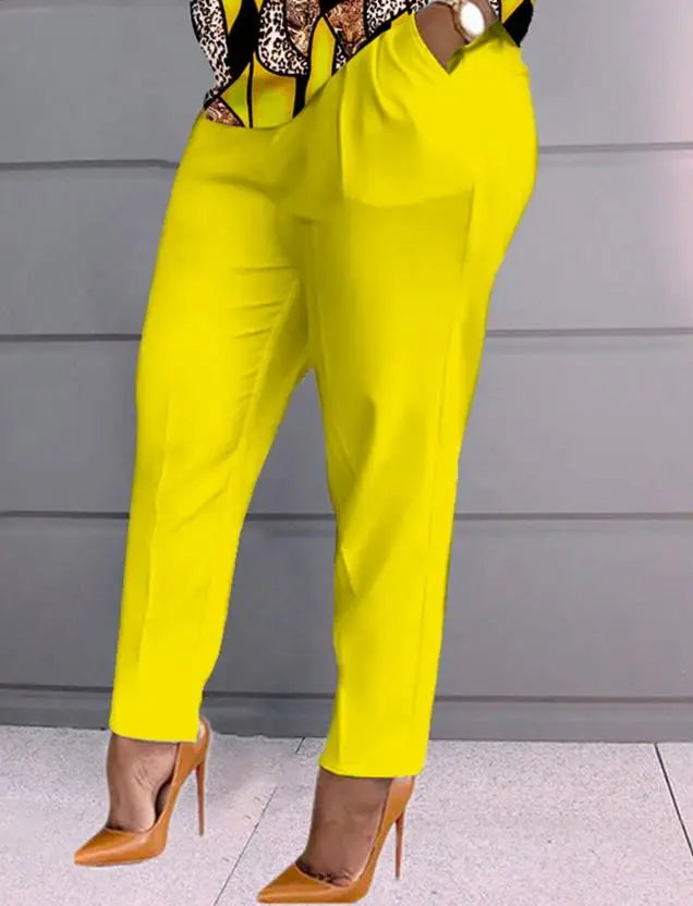 Yellow Leopard Print Colorblock Round Neck Long Sleeve Ladies Top & Pocket Pants 2-Piece Set