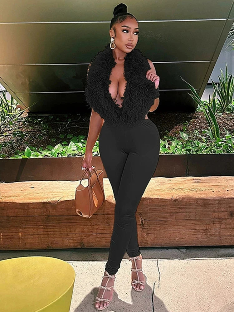 Sleeveless Faux Fur Tassel Lace-Up Halter Women's V-Neck Backless Vest + Elastic Leggings 2-Piece Set