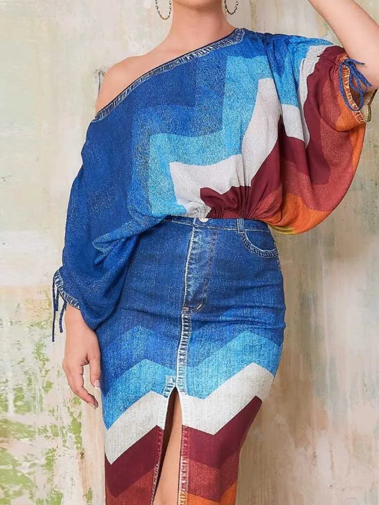 Mock Denim Striped Colorblock Slash Neck Women's Long Sleeve Crop Top + Open High Slit Skirt 2-Piece Set