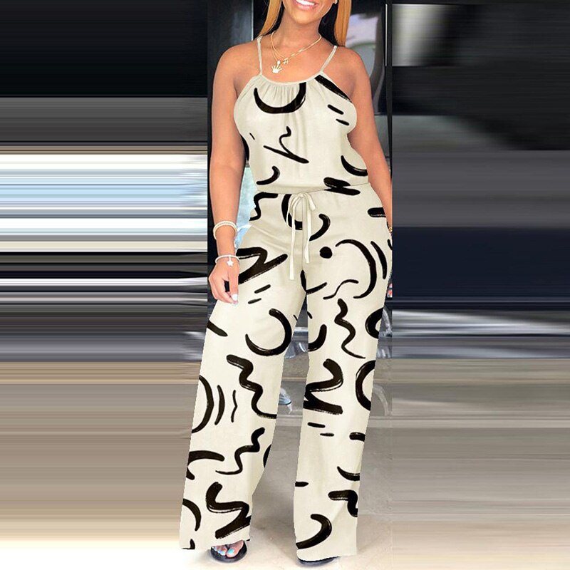 Thin Shoulder Strap Patchwork Print Jumpsuit