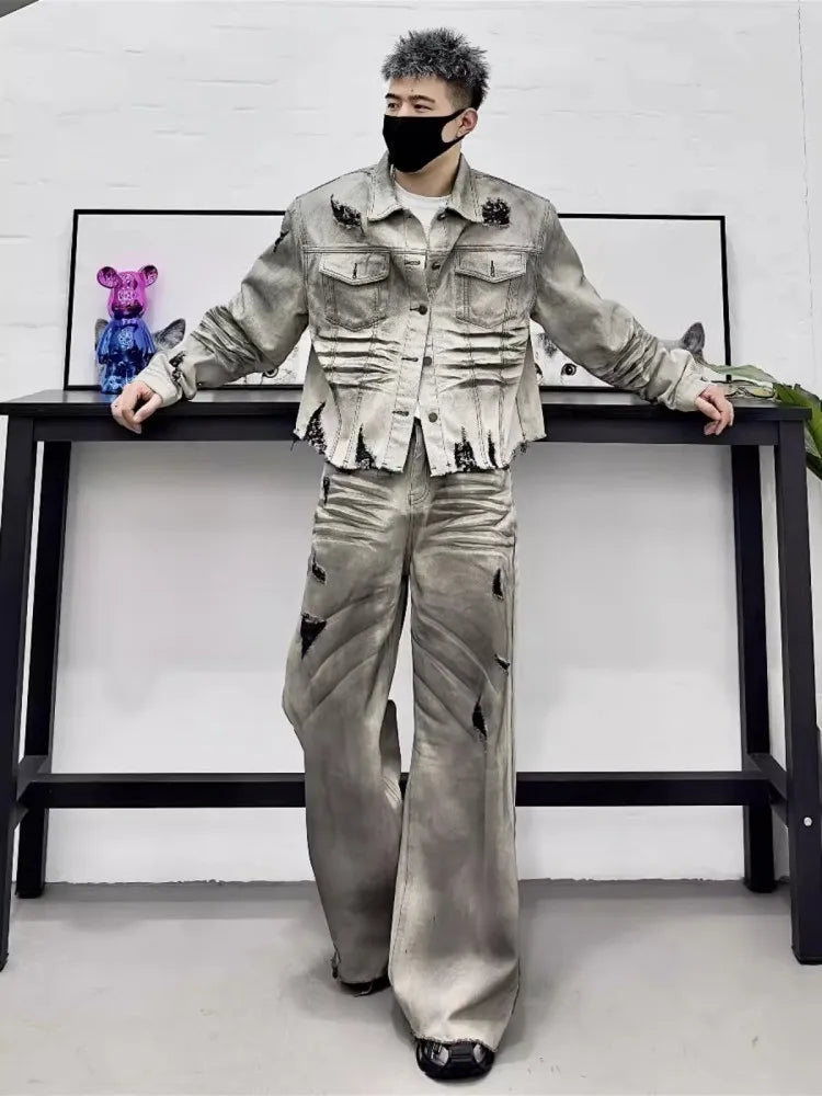 Men's Ripped Grey Gradient Washed Denim Cargo Pocketed Jean Jacket + Loose Wide Leg Jeans Matching Set