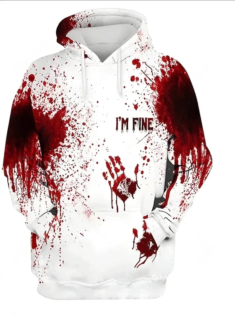 Men's Drawstring Hip-Hop 3D Blood Print Halloween Long Sleeve Hoodie Sweatshirts to 5X Big & Tall - 14 Patterns