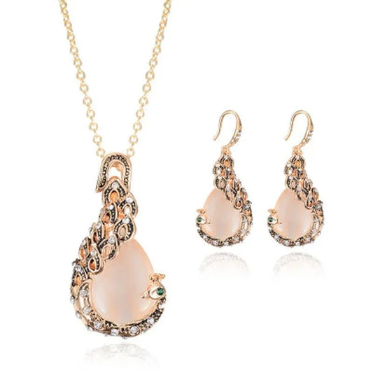 Peacock Opal Pendant Necklace + Earrings Jewelry Set