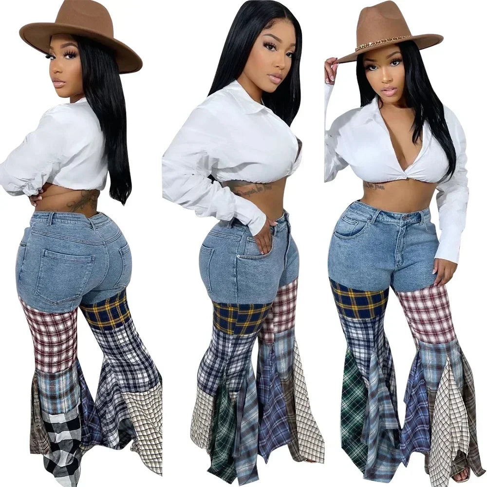 Plaid Ruffled Denim Patchwork Design Flared Leg Ripped Women's Jeans