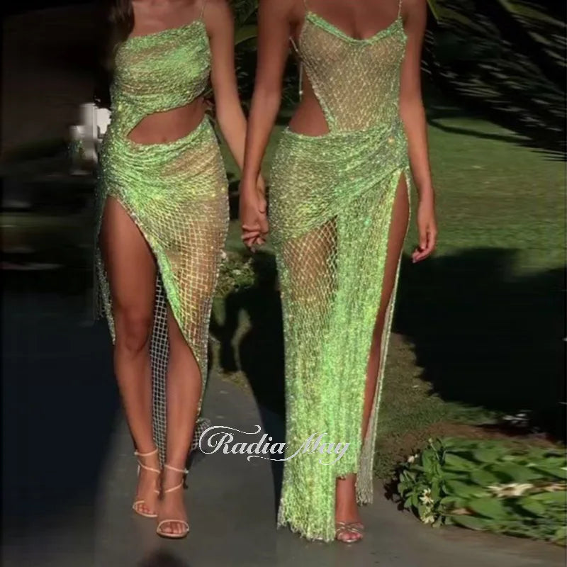 Neon Green Crystal Sheer Mesh Transparent Spaghetti Strap High Slit Mini/Maxi Party Sweep Train Dress
