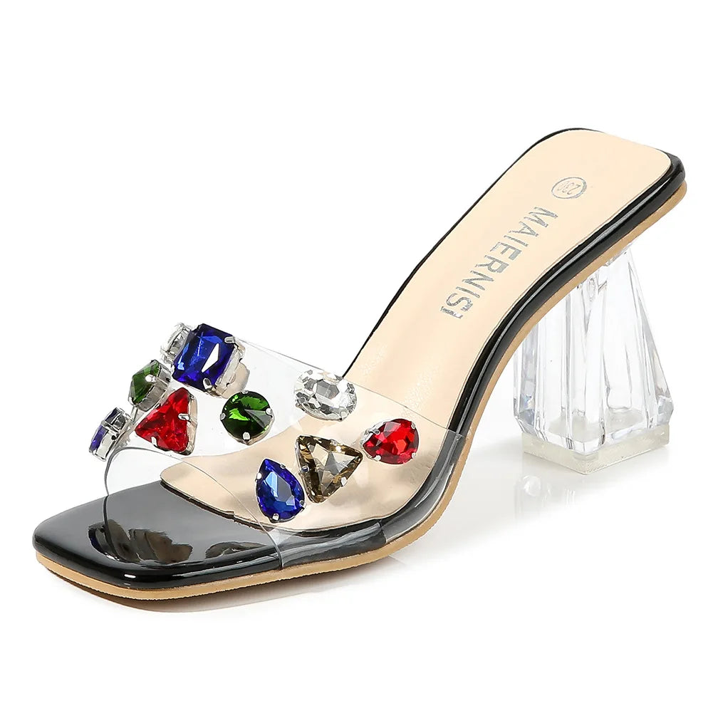 PVC Transparent Clear Crystal Rainbow Rhinestone Embellished Open Toe Low Heel Women's Sandals