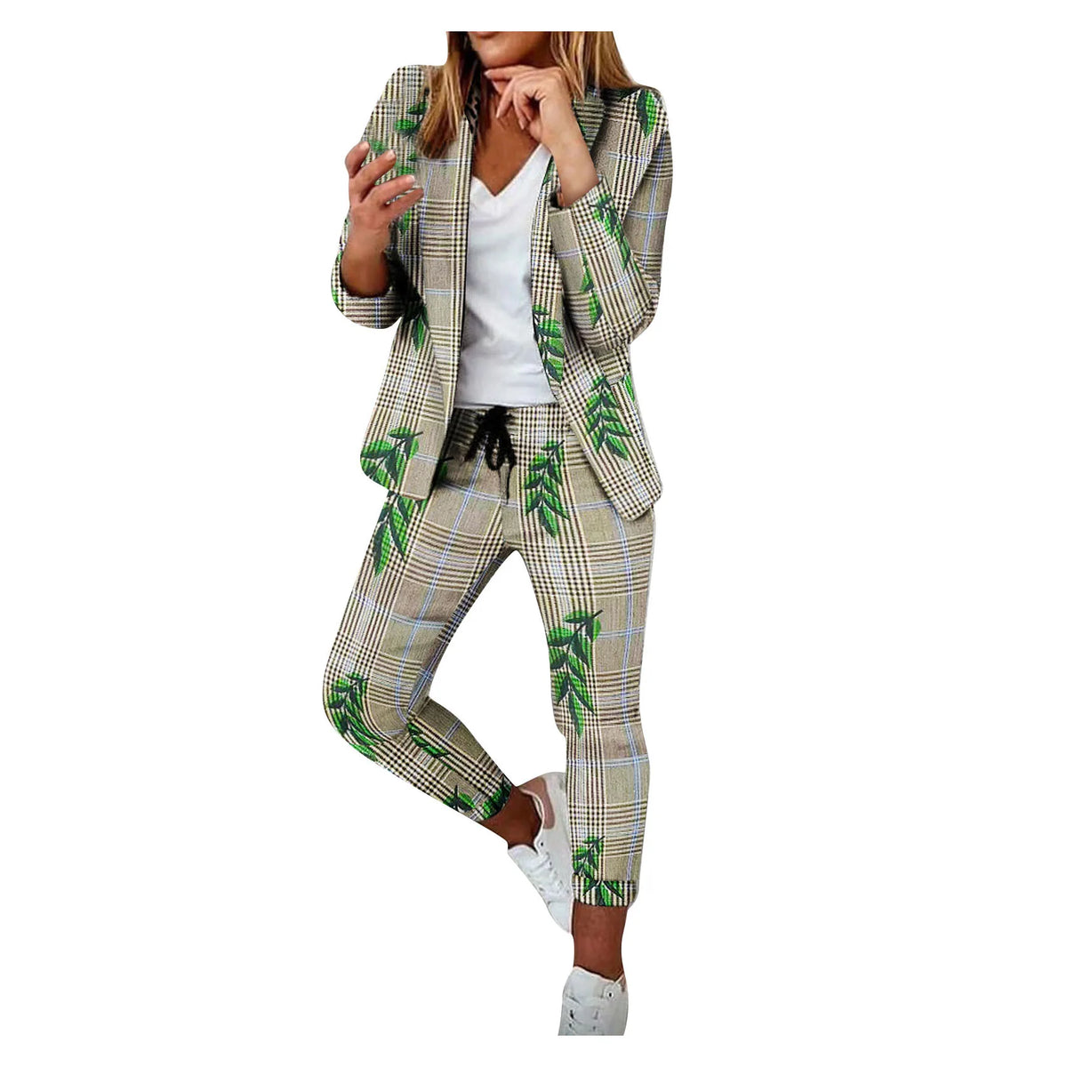 English Plaid Print Blazer Jacket +Matching Ankle Length Pants Women's Suit