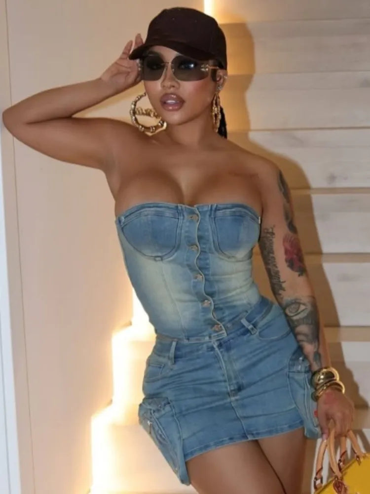 Stretch Denim Sleeveless Tube Crop Top + Irregular Cargo Pocketed Mini Jean Skirt Streetwear Women's 2-Piece Set