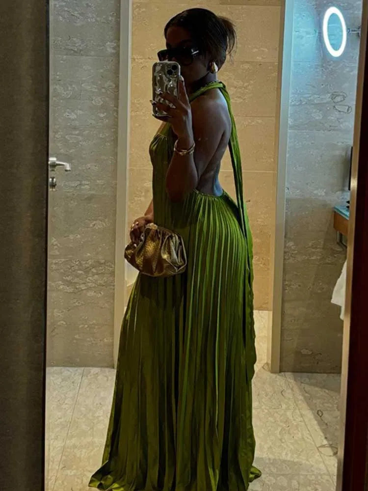 Lime Green Pleated Deep V-Neck Hollow-Out Halter Neck Backless Formal Maxi Dress