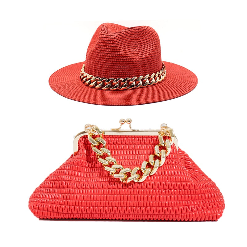 Fedora Chain Link Straw Hat + Chain Link Purse Set