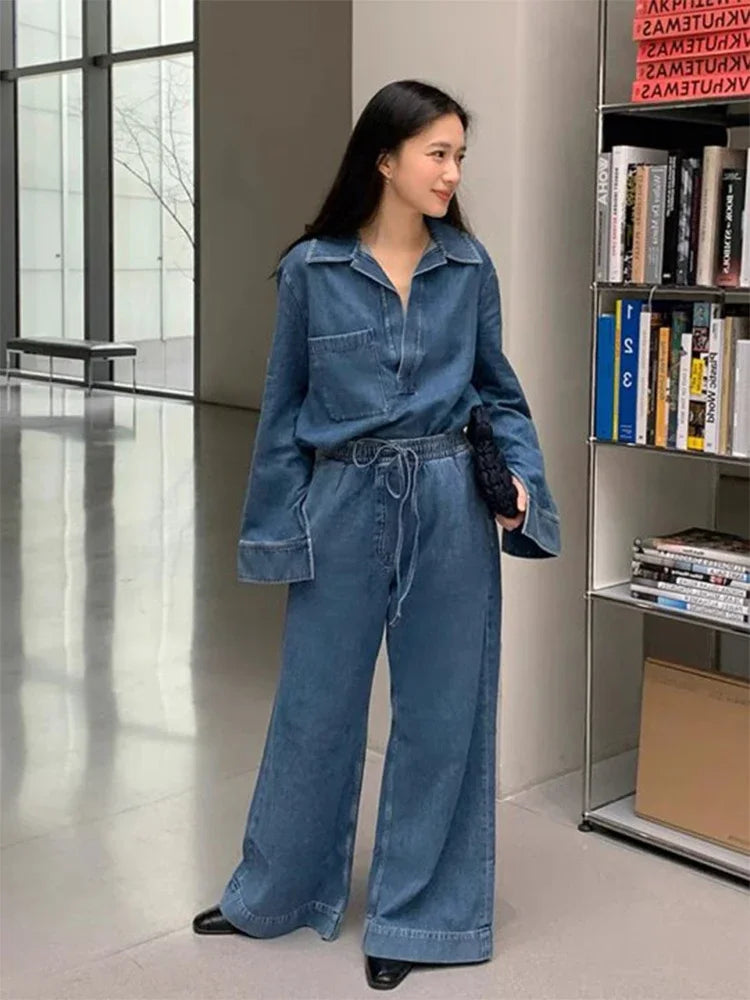 Denim Pocket Detail V-Neck Long Sleeve Pullover Jacket + Elastic Waist High Wide Leg Jeans 2-Piece Set